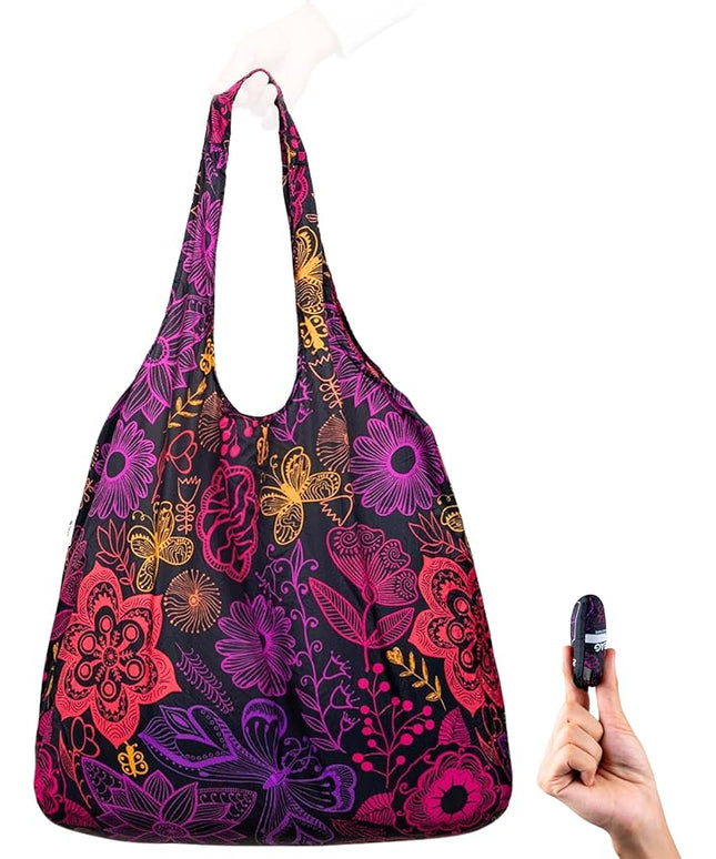 Nanobag Ultralight Heavy Duty Foldable Tote for Women & Men, Reusable Grocery & Travel Bag, Packable Collapsible Compact Market Essential (XL Neon Flowers)