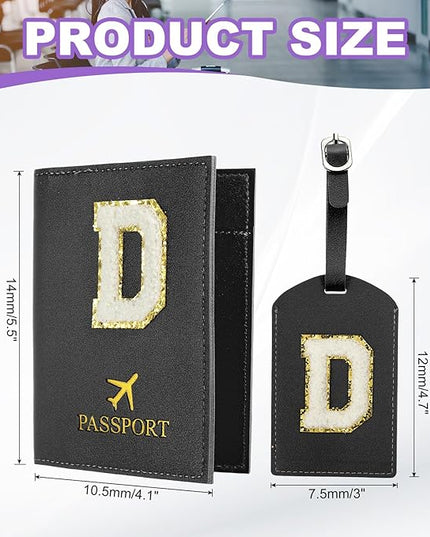 PATIKIL Passport Holder for Travel, Initial Passport Cover and Luggage Tag Set with Alphabet Chenille Letter Patch Travel Wallet Bag Suitcase Identifier for Women Family Travel Black D