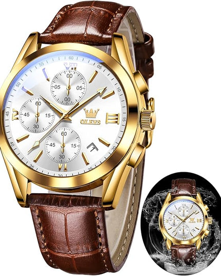 OLEVS Leather Chronograph Watch Men - Leather Strap (Brown/Black), Work Luminous Waterproof Analog Quartz Dress Wrist Watch with Blue/Black/Brown/White Dial