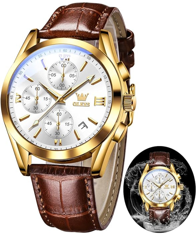OLEVS Leather Chronograph Watch Men - Leather Strap (Brown/Black), Work Luminous Waterproof Analog Quartz Dress Wrist Watch with Blue/Black/Brown/White Dial