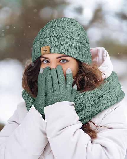 Winter Beanie Hat Scarf Gloves, Warm Fleece Knit Hats Touch Screen Gloves Neck Scarf Set Winter Gifts for Unisex Adult
