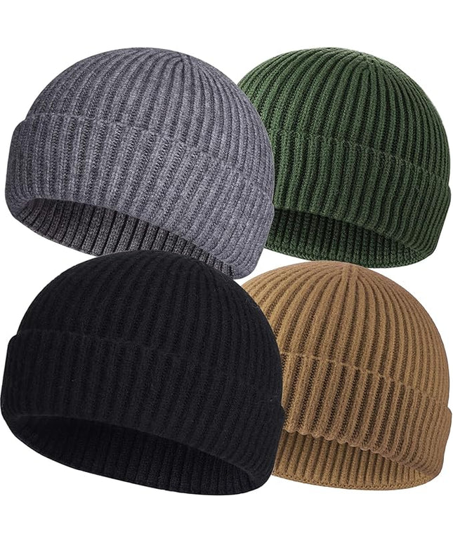 ROYBENS 4 Pack Wool Fisherman Beanies for Men, Knit Short Watch Cap Winter Warm Hats