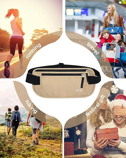RFID Blocking Money Belt for Men Women, Slim Fanny Pack For Travel，Running,Conceal Waist Wallet For Passport Holder,Phone,Cash(Black Beige), Black Beige
