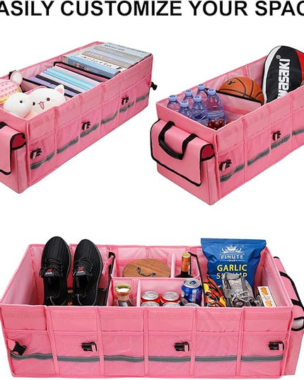 Car Trunk Organizer and Storage with Lid & Removable Leakproof Cooler Bag, Customized Space Pink Car Interior Accessories for Women Collapsible Large Trunk Organizers for Sendan SUV, Jeep, MPV, BMW