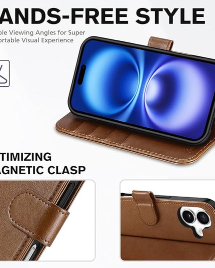 TUCCH Wallet Case Compatible with iPhone 16 5G (6.1", 2024 Release) – Brown, PU Leather [Shockproof TPU Interior Case] [Kickstand] Magnetic Protective Flip Cover with [RFID Blocking] [4 Card Holder]