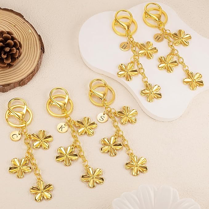 XGALBLA Gold/Silver Initial Keychain Flower Charms for Key Cute Letter Keyring for Purse Handbag Backpack