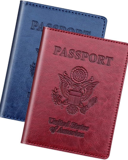 Herain Passport Holder 2Pcs, Passport Cover Wallet Case for Women Men Family, Passports Book Holders Travel Must Haves Cruise Ship Essentials (Dark Blue & Wine red)