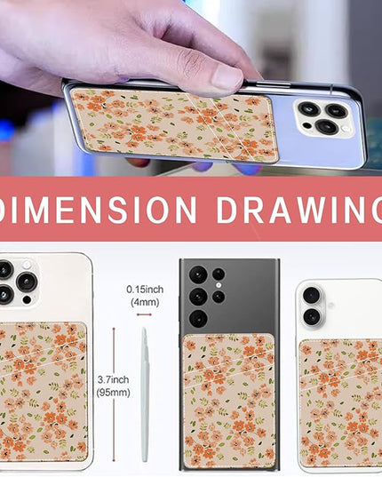 Phone Wallet, Cute Leather Phone Card Holder, Dual Pocket Credit Card Sticky Wallet, Compatible with Most Cell Phones, Luxurious Orange Flower