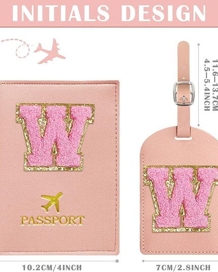 COSHAYSOO Initial Passport Cover Luggage Tag Set Letter Passport Holder Airplane Cruise Travel Essentials Vacation Traveling Accessories Personalized Gifts for Women Teen College Girls Pink W