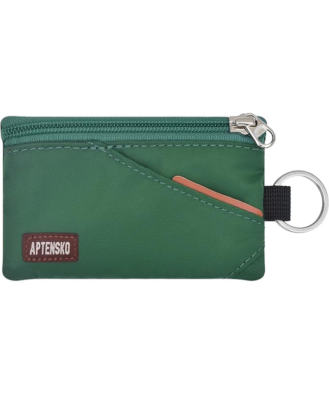 RFID Travel Wallet with Adjustable Lanyard-Zipper Small Wallet with ID Card Holder, Keychain for women&men-Minimalist Slim Waterproof Nylon case for ID, Cash, Key (Forest Green)