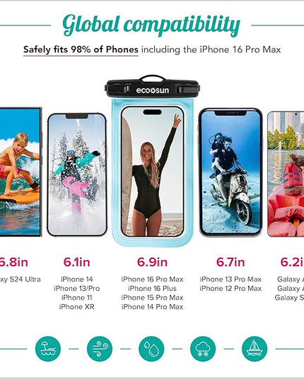 Eco Sun Waterproof Phone Pouch (2-Pack) — Designed in Hawaii — Case Fits All iPhones (incl. 16 Pro Max), Samsung Galaxy S24 Ultra & More Black/Blue