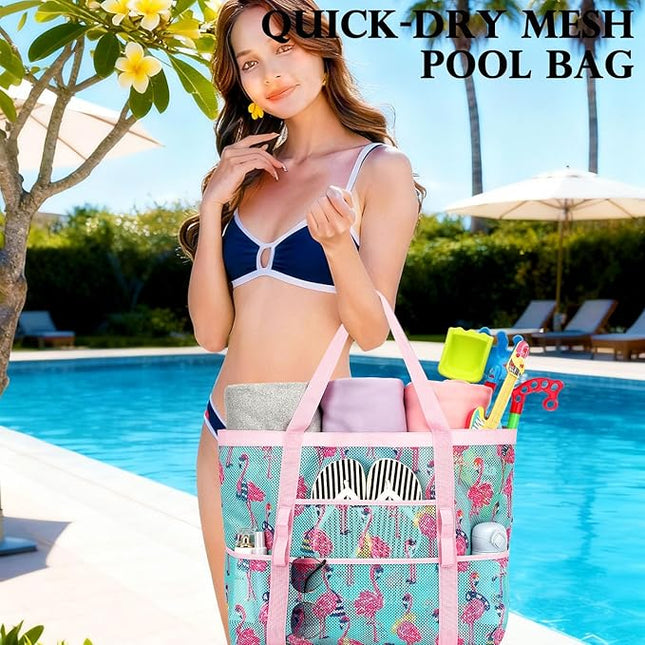 Mesh Beach Bag, Large Beach Tote with Zipper Pocket, Toys Pool Bag for Family Travel Vacation Cruise Essentials