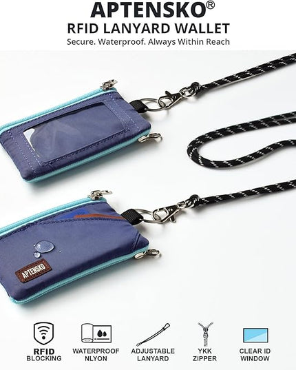 RFID Travel Wallet with Adjustable Lanyard-Zipper Small Wallet with ID Card Holder, Keychain for women&men-Minimalist Slim Waterproof Nylon case for ID, Cash, Key (Navy Blue)