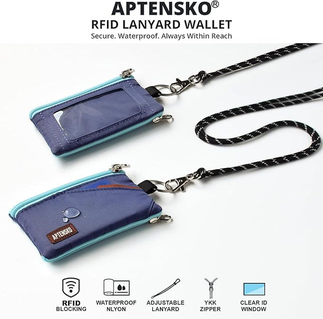 RFID Travel Wallet with Adjustable Lanyard-Zipper Small Wallet with ID Card Holder, Keychain for women&men-Minimalist Slim Waterproof Nylon case for ID, Cash, Key (Navy Blue)