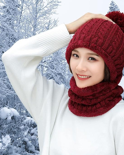 HUAMULAN Women Winter Beanie Hats One Piece Fleece Lined Knit Balaclavas Mask Set Skull Neck Circle Scarf Ski Snow Hat Pompom
