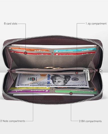Oak Leathers Ladies Wallet for Women - RFID Womens Wallet Clutch with 8 Credit Card Holder, Coin Pocket, Gift for Women’s Brown Purse