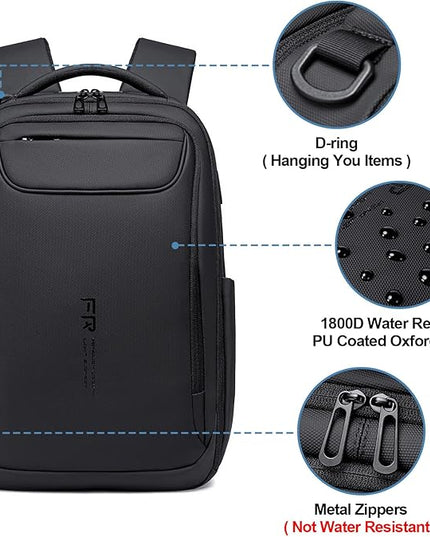 FENRUIEN Expandable Travel Backpack 15.6 Inch, Water Resistant Backpack with USB Charging Port, Black Laptop Bag for Work/Commuter/College