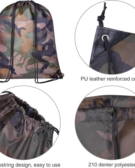 KUUQA 12 Pack Camouflage Drawstring Backpack Bulk String Backpack Cinch Kids Sport Bags Storage Bags for Gym Traveling (Camouflage)