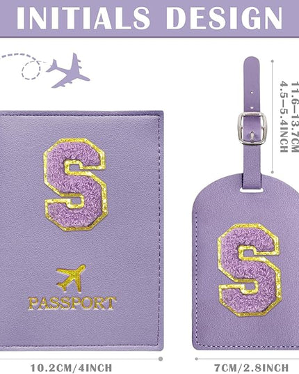 COSHAYSOO Initial Passport Cover Luggage Tag Set Letter Passport Holder Airplane Cruise Travel Essentials Vacation Traveling Accessories Personalized Gifts for Women Teen College Girls Purple S