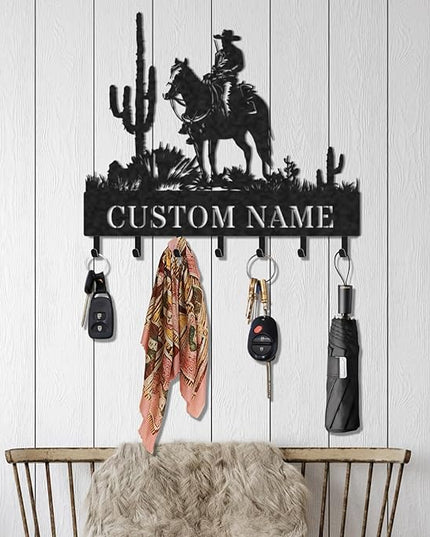LOWACOS Personalized Key Holder for Wall, Custom Metal Cowboy Key Hooks with Name, Meta Jacket Holder Hooks Organizer Rack, Jacket Hanger Decor for Kitchen, Entryway, Hallway, Office, Doorway