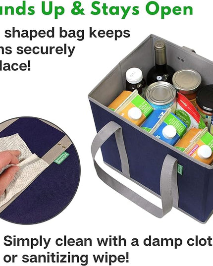 Reusable Grocery Bags (3 Pack) – Heavy Duty Reusable Shopping Bags with Box Shape to Stand Up, Stay Open, Fold Flat – Large Tote Bags are Foldable with Long Handles & Hard Bottom (Navy Blue)