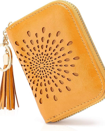 APHISON RFID Credit Card Holder Zipper Card Case Keychain Small Wallet for Women 1927 DARK-YELLOW