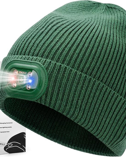 OKKLE Unisex LED Beanie with Light, USB Rechargeable Headlamp Hat, Winter Gifts for Men Women Husband Him Dark Green
