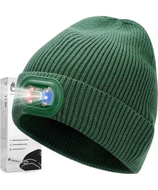 OKKLE Unisex LED Beanie with Light, USB Rechargeable Headlamp Hat, Winter Gifts for Men Women Husband Him Dark Green