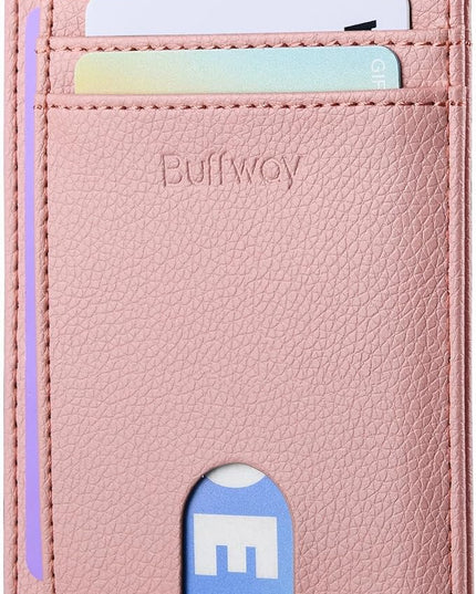 Buffway Slim Minimalist Front Pocket RFID Blocking Leather Wallets for Men and Women - Lichee Pink