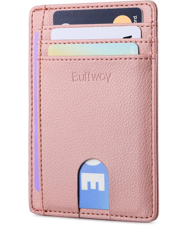 Buffway Slim Minimalist Front Pocket RFID Blocking Leather Wallets for Men and Women - Lichee Pink