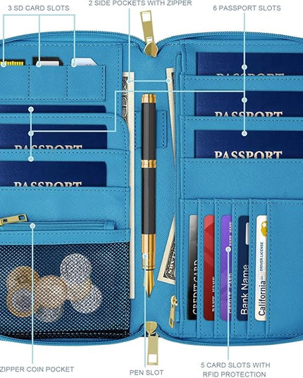 Family Passport Holder Wallet RFID Blocking Document Organizer PU Leather Mulit-purpose Travel Wallet Credit Cards Case for Women Men, Blue Marble