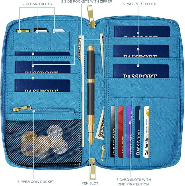 Family Passport Holder Wallet RFID Blocking Document Organizer PU Leather Mulit-purpose Travel Wallet Credit Cards Case for Women Men, Blue Marble