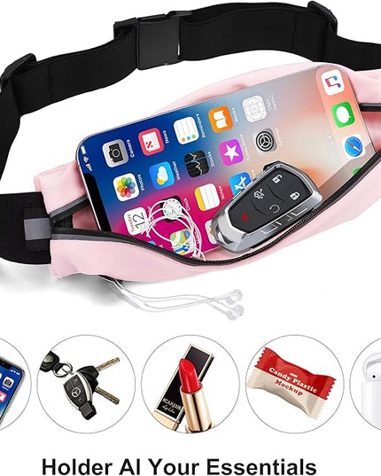 Slim Running Belt For Men and Women Waist Fanny Pack Phone Holder Pouch Bag Reflective Zipper Pocket Workout Cycling Fitness Light Pink