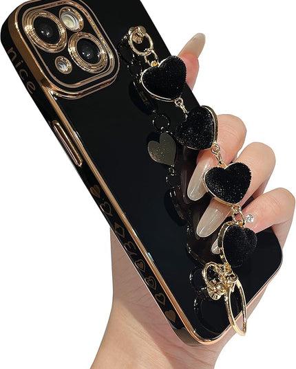Caseative for iPhone 14 Case,Cute Plating Love Heart Wrist Strap Chain Bracelet Phone Case (Black)