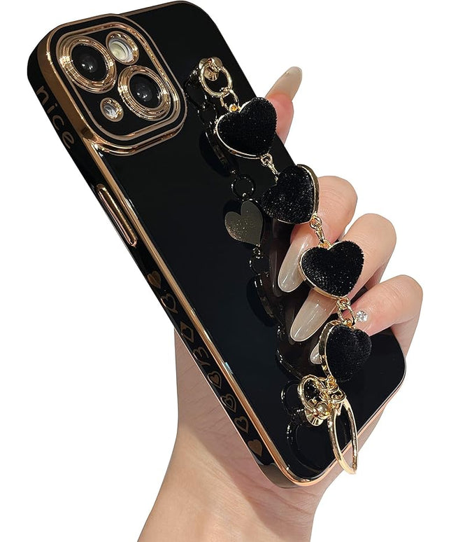 Caseative for iPhone 14 Case,Cute Plating Love Heart Wrist Strap Chain Bracelet Phone Case (Black)