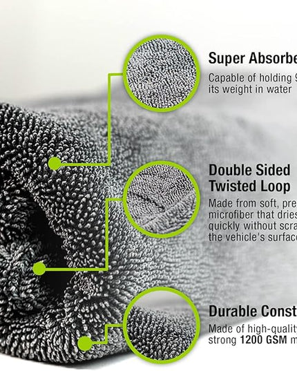 ExoForma Mega Car Drying Towel - Holds Up to 9 lbs, No Streaks, Scratches, or Water Spots | 1200 GSM Microfiber Double Twist Pile & Edgeless Design, 1 Quick & Effortless Dry - 24” x 36”