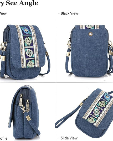 Goodhan Embroidery Canvas Crossbody Bag Cell phone Pouch Coin Purse for Women