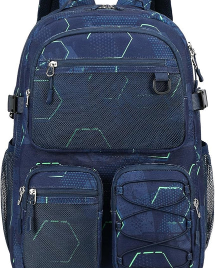 Lohol Multi-Pocket Backpack for Travel College, Heavy Duty Big Bookbag with 15.6 inch Laptop Compartment (Navy Geometry