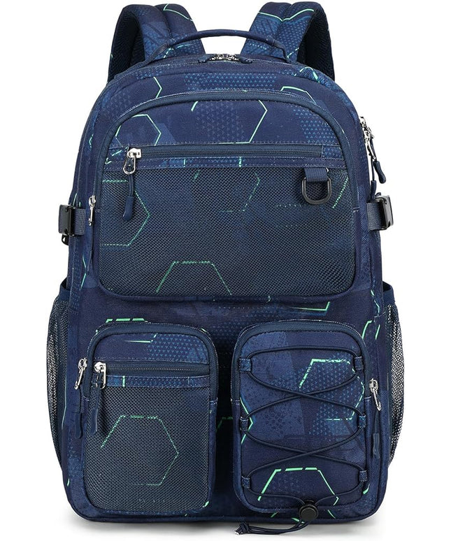 Lohol Multi-Pocket Backpack for Travel College, Heavy Duty Big Bookbag with 15.6 inch Laptop Compartment (Navy Geometry