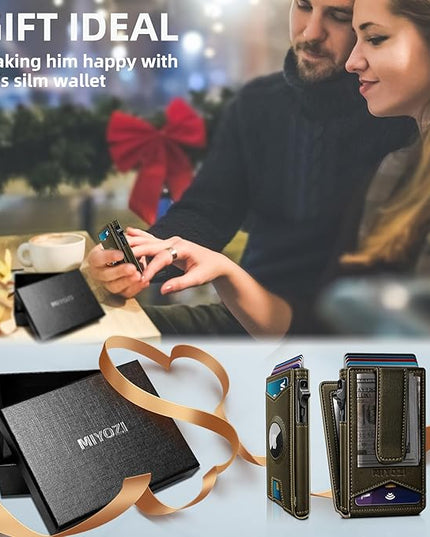 miyozi Airtag Wallet for Men Money Clip 9-Card Pop-Up Credit Card Holder with ID Window RFID Blocking Metal Case Magnetic Closure Front Pocket Wallet Gift Box