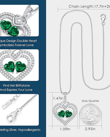 LOUISA SECRET Sparkling Double Heart Birthstone Necklaces for Women, 925 Sterling Silver Fine Jewelry, Pendant Heart Necklaces Birthday Anniversary Christmas Gift for Women Wife Mom Girlfriend Lady