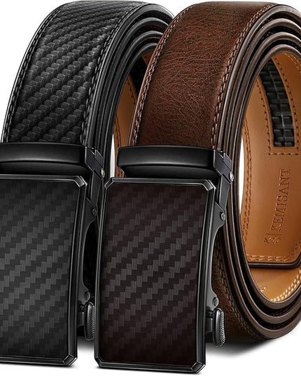 KEMISANT Men Belt 2 Pack, Leather Ratchet Belt Easy Click Slide For Men 1 3/8",Cut for Fit