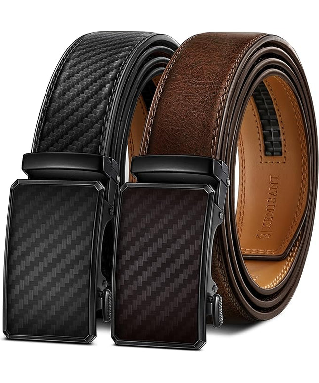 KEMISANT Men Belt 2 Pack, Leather Ratchet Belt Easy Click Slide For Men 1 3/8",Cut for Fit