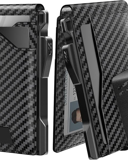 typecase Tactical Wallet for Men Card Holder: Pop Up Card Case, Genuine Leather, Smart, RFID Blocking, Slim, Minimalist, Thin, Front Pocket - 9-13 Card Capacitiy, ID Window, Money Clip (Carbon Fiber)