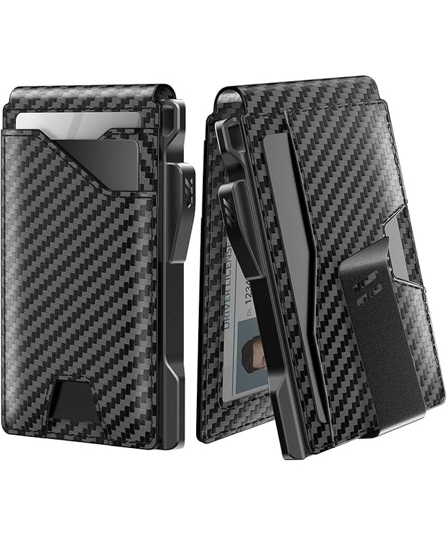 typecase Tactical Wallet for Men Card Holder: Pop Up Card Case, Genuine Leather, Smart, RFID Blocking, Slim, Minimalist, Thin, Front Pocket - 9-13 Card Capacitiy, ID Window, Money Clip (Carbon Fiber)