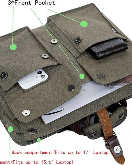 Stylish 17 inch Canvas Laptop Bag Messenger Bag Briefcase Vintage Crossbody Shoulder Bag Military Satchel for Men BC-07 | Stylish, 17 inch, Canvas, Vintage, Military