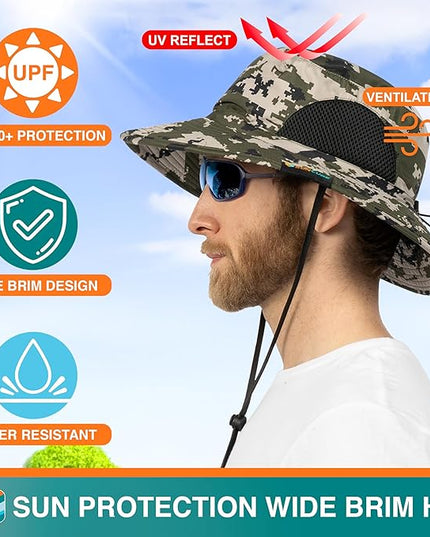 SUN CUBE Wide Brim Sun Hat Men Women, Fishing Hats Sun UV Protection, Mens Hiking Bucket Hat Safari Beach Boonie, UPF 50+