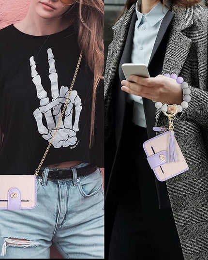 Multi-Purpose Wallet High Capacity Card Holder Zipper Coin Purse with Wristlet Bracelet Keychain Silicone Beaded Bangle Key Ring