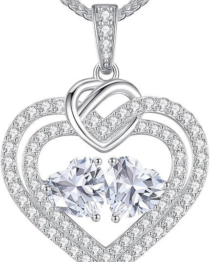 LOUISA SECRET Sparkling Double Heart Birthstone Necklaces for Women, 925 Sterling Silver Fine Jewelry, Pendant Heart Necklaces Birthday Anniversary Christmas Gift for Women Wife Mom Girlfriend Lady