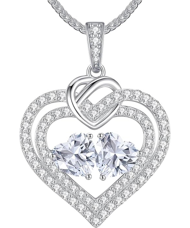 LOUISA SECRET Sparkling Double Heart Birthstone Necklaces for Women, 925 Sterling Silver Fine Jewelry, Pendant Heart Necklaces Birthday Anniversary Christmas Gift for Women Wife Mom Girlfriend Lady